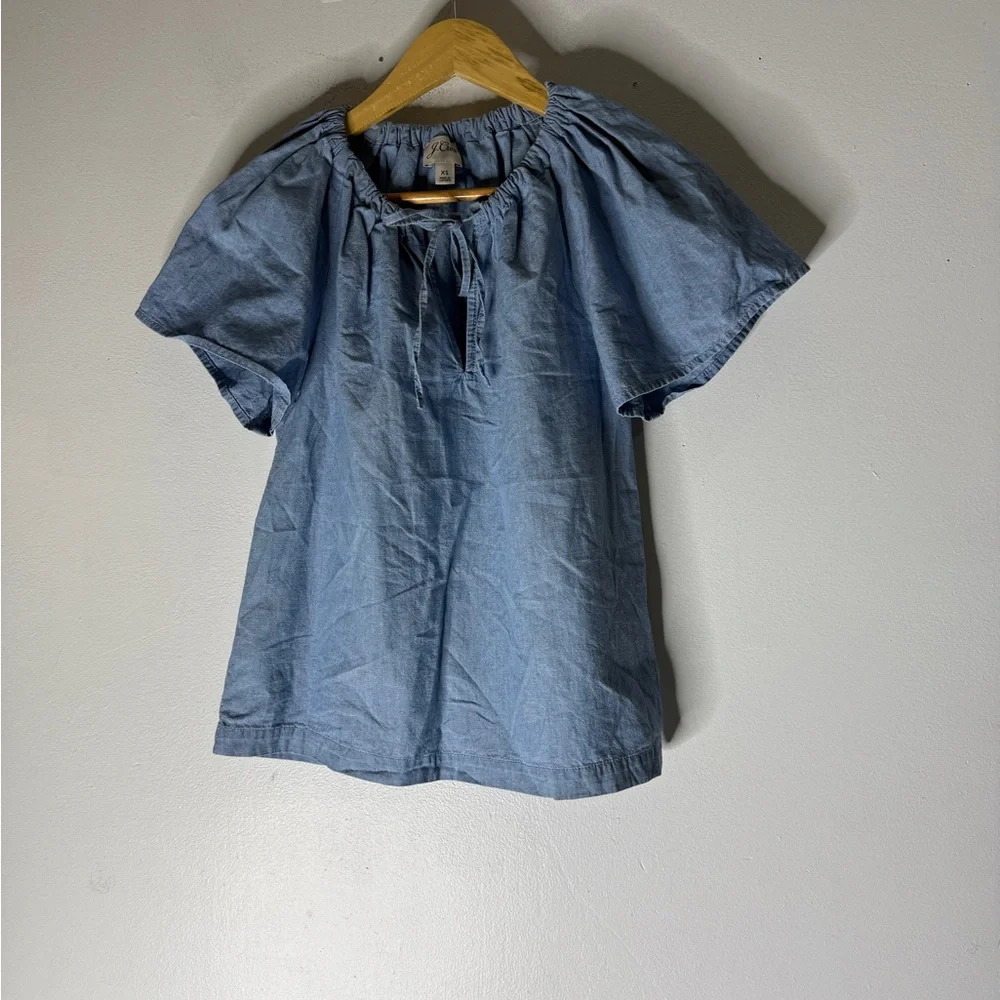 J Crew Short Sleeve‎ Tie Neck Chambray Top XS